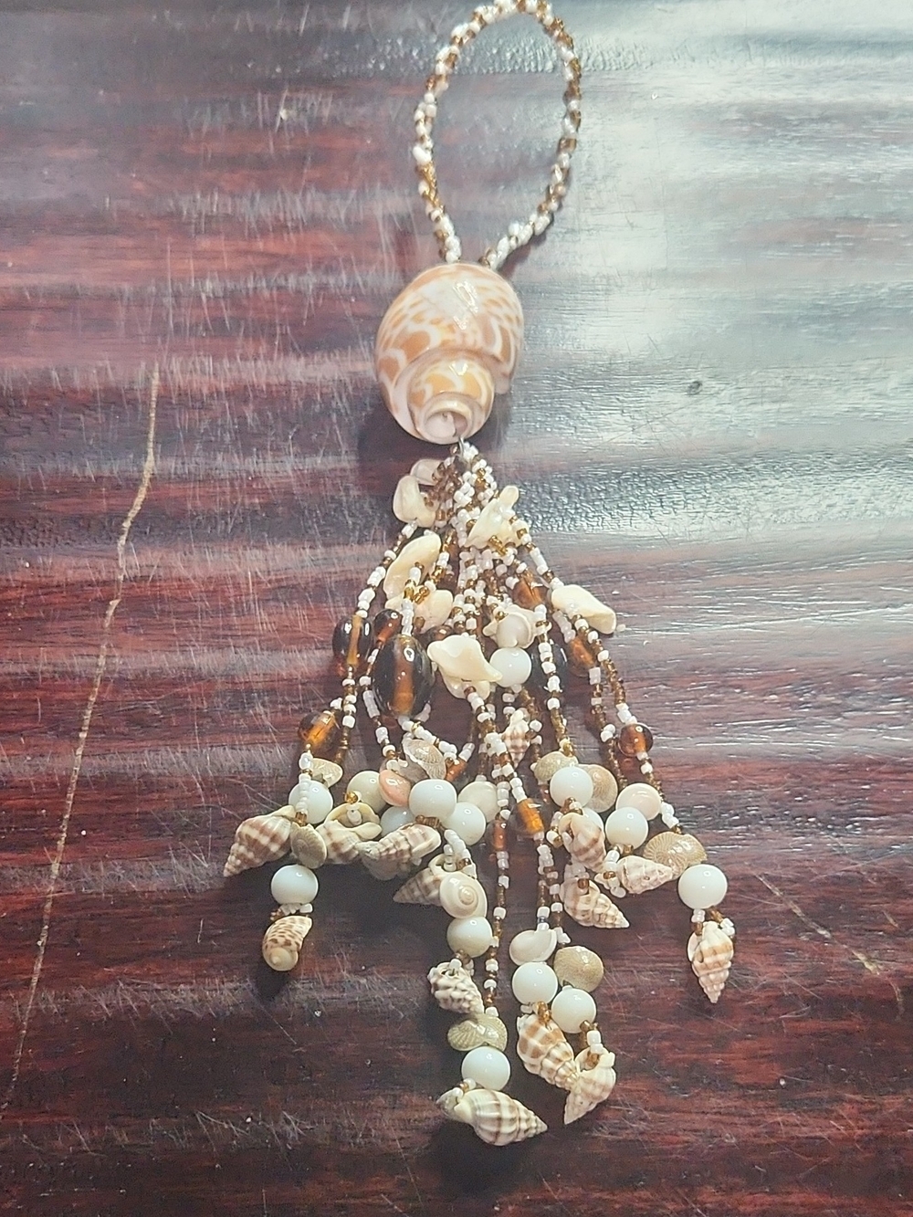 Handmade Shell Tassel Bag Charm in Cream and Brown